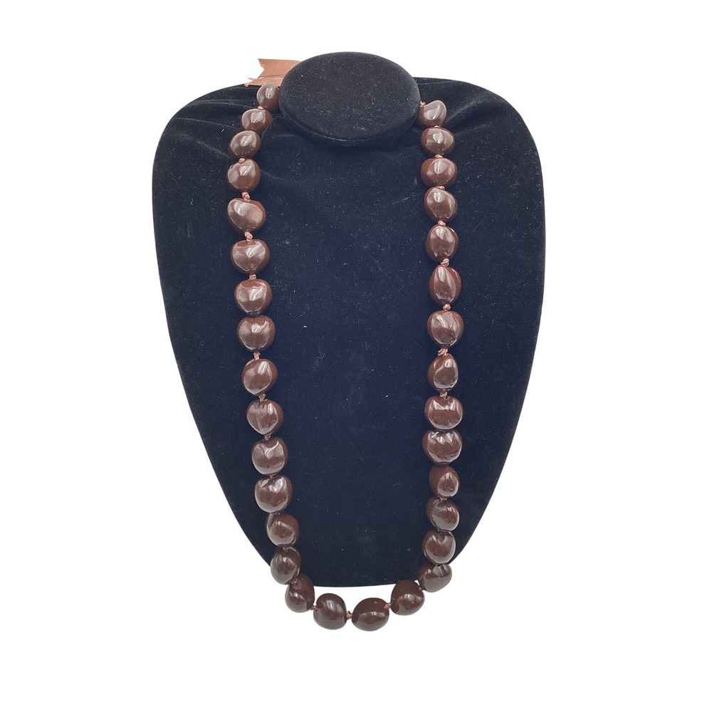 Vintage Hawaiian Kukui Nut Lei Necklace Polished Dark Brown Ribbon Tie 32 Inch